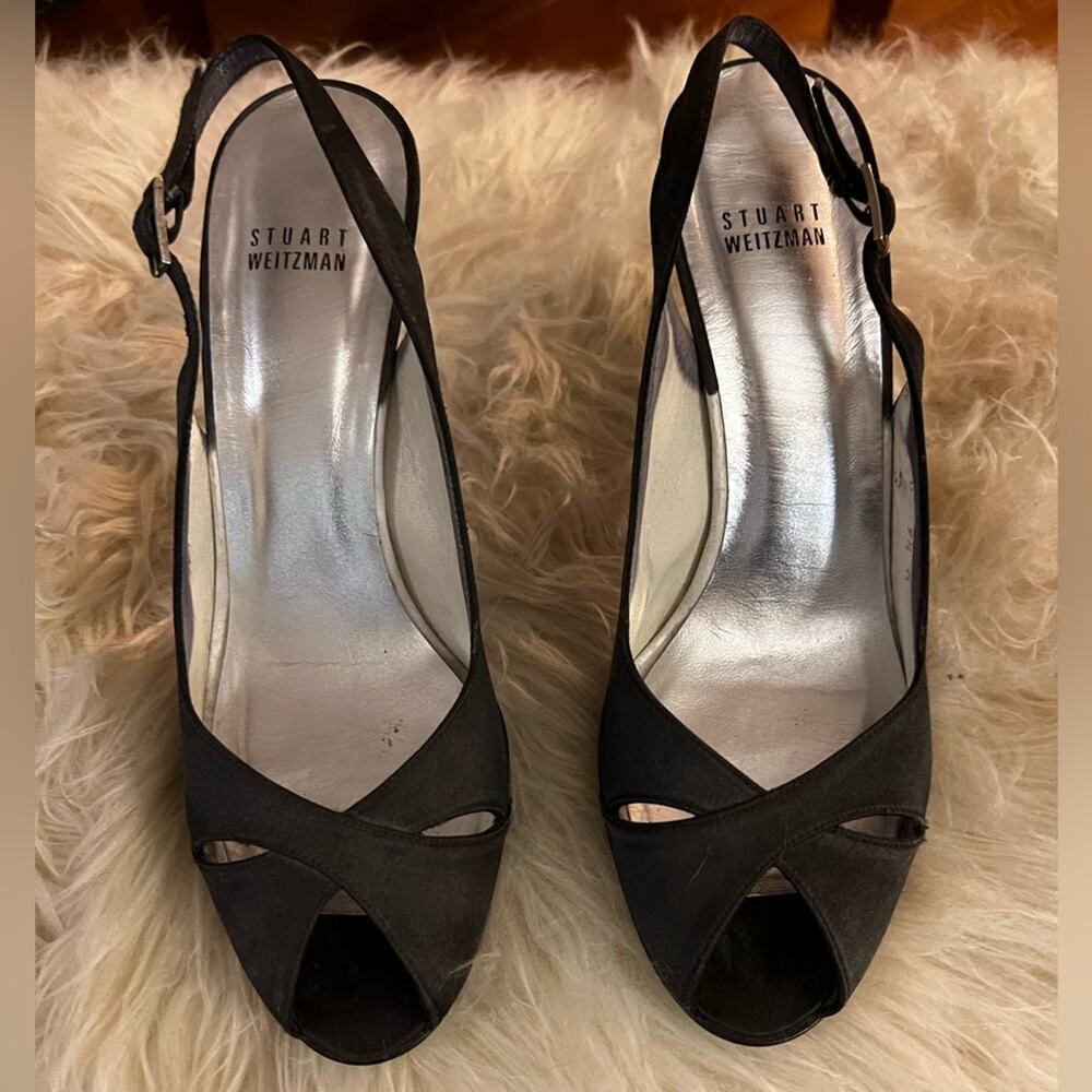 Stuart Weitzman sling back heals. Satin. 85cm heal.